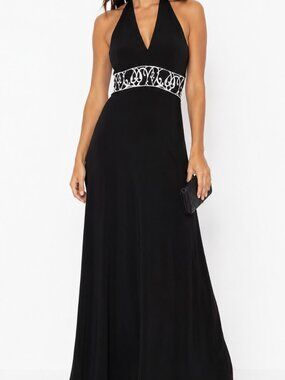 White House Black Market Black Halter Maxi Dress Size Small Stretch Evening Fo